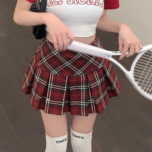 Summer 2024 Vintage Korean Style High Waist Patchwork A-line Mini Skirt Harajuku Preppy Fashion Plaid Pleated Skirt Red Women