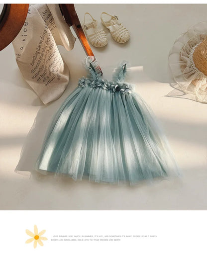 1-6 Y Girls Dresses  3D Flower A Line Dress for Girls Sleeveless Camisole Mesh Dress