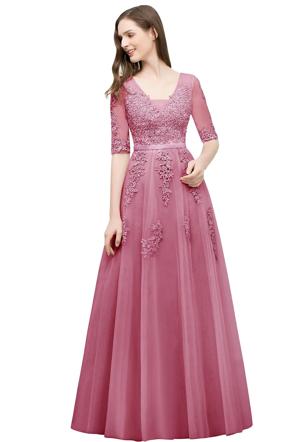 Sliver Evening Dress with Sheer Sleeves & Floral Embroidery, Elegant A-Line Gown with V-Back for Wedding Party