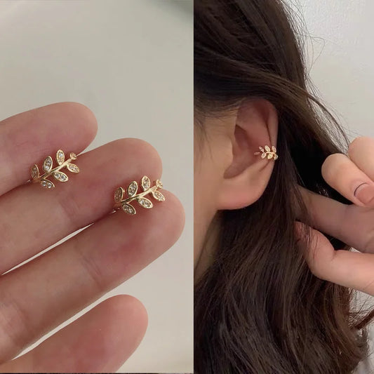 Fashion Exquisite Crystal Zerconia Ear Cuff Earrings for Woman Non Piercing Leaf Clip Earrings Christmas Jewelry Gift