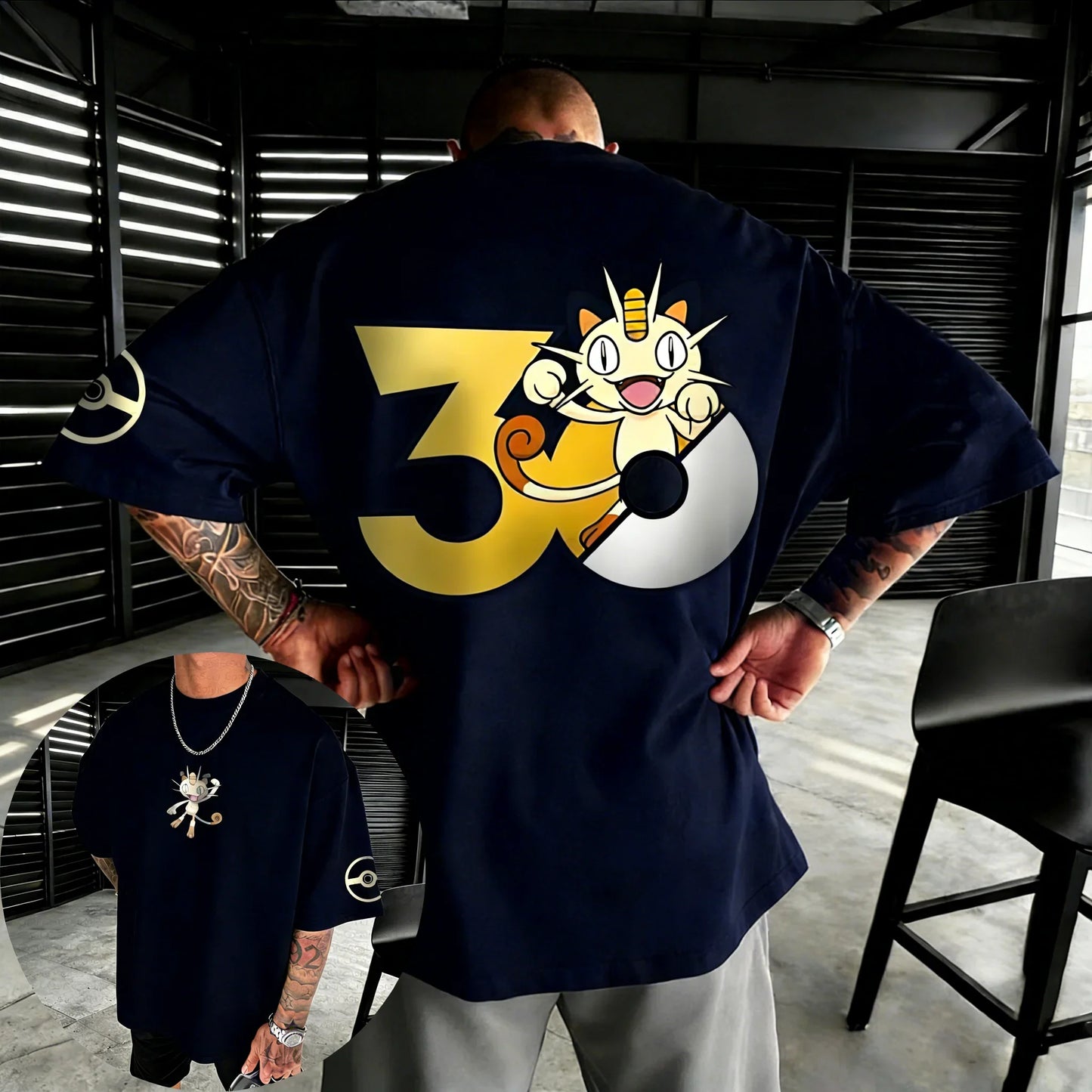 30th Anniversary Meowth Printed T-shirt Summer New Men's and Women's Loose Casual Hip Hop Trendy Short Sleeve Top