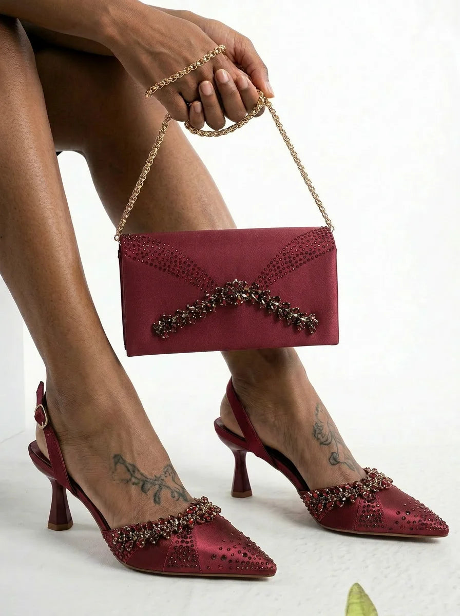 Italian Inspired Gold Rhinestone HAND CRAFTED UPPER Pointed Toe Women High Heels Shoes and Bag Set Elegant Party Shoes