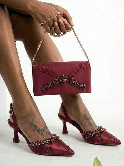 2026 Italian Inspired Olive Rhinestone HAND CRAFTED UPPER Pointed Toe Women High Heels Shoes and Bag Set Elegant Party Shoes