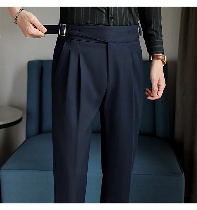 Luxury Men's Slim High-Rise Dress Pants - Heavyweight Subtle Stripe with 3D Pleats & Naples Tailoring