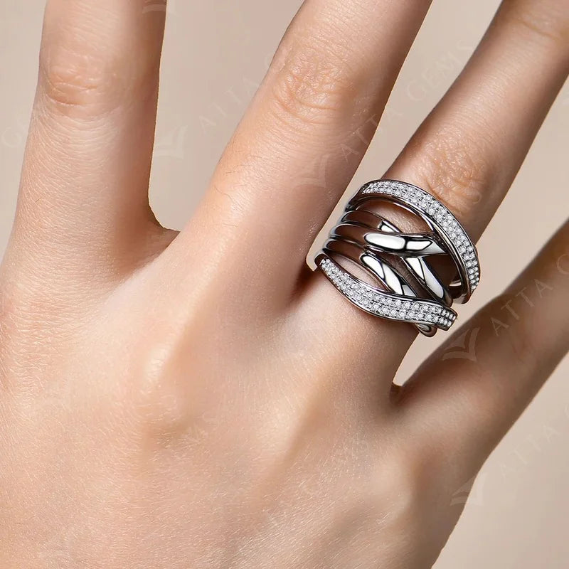 S925 Sliver Moissanite Rings for Women 18K Plated D Color VVS1 Diamond Crossover Wedding Band Party Fine Jeweley Gift