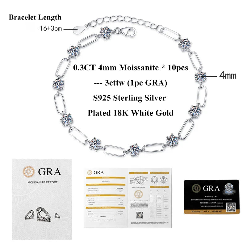 4mm 0.3CT D Color Round  Moissanite Diamond Link Bracelet for Woman Man 925 Silver Adjustable 16cm Chain Bracelets GRA Gift