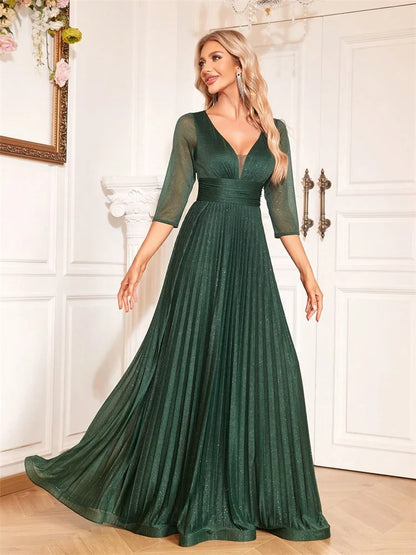 Luxury Long Sleeve Formal Evening Dress Deep V-Neck Floor-Length Gown Women 2024 Chiffon A-line Prom Cocktail Dress