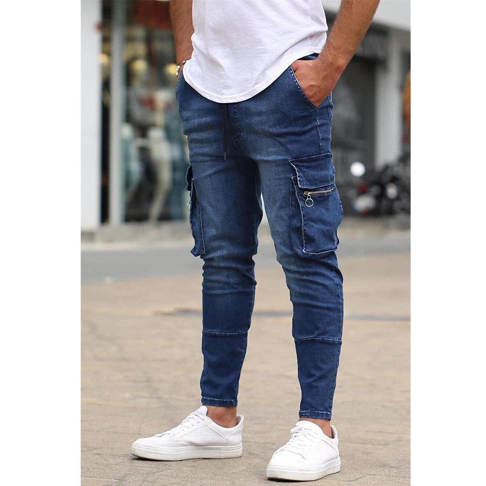 Calça Jeans Masculina Skinny Rasgada Estilo Streetwear Com Bolsos Laterais Calça Cargo Jeans Slim Fit Calça Macia Elástica Jogger