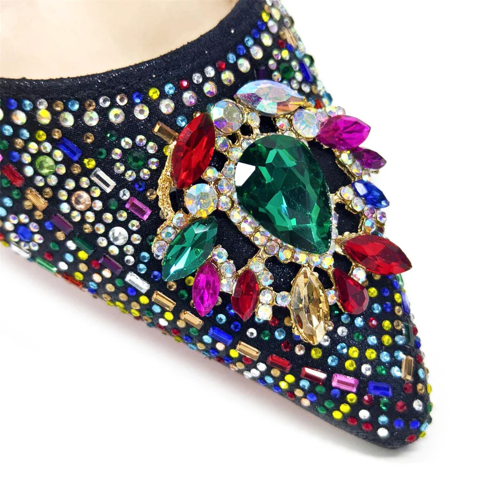 Girly Style Pointed Toe Wedding Shoes and Bag Full Diamond Decoration Metal Closure Bag Italian Design 2024