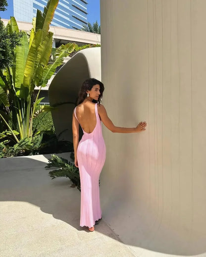 Backless Dress For Women V Neck Slim Sleeveless Suspender Maxi Dress Vacation Sexy Beach Knitted Elegant Long Dress