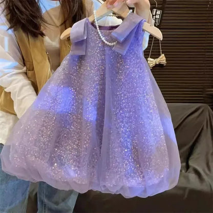 Plain Girls Clothes Summer Sleeveless Mesh Sparkling Princess Dresses Korean Version Birthday Wear Party Wedding