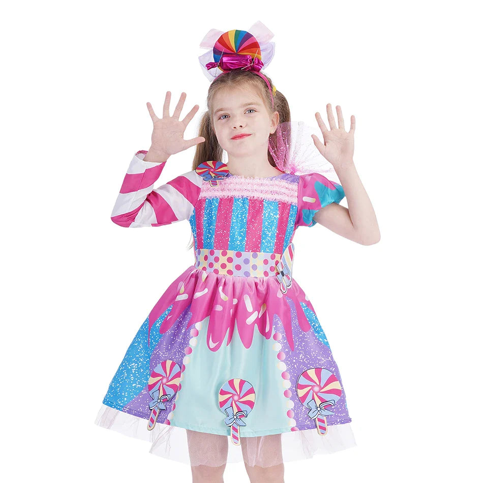 Purim 2026 Girls Disguise Candy Dress Children Colorful Dress Carnival Birthday Party Gift for Girls Lollipop Cosplay Costume