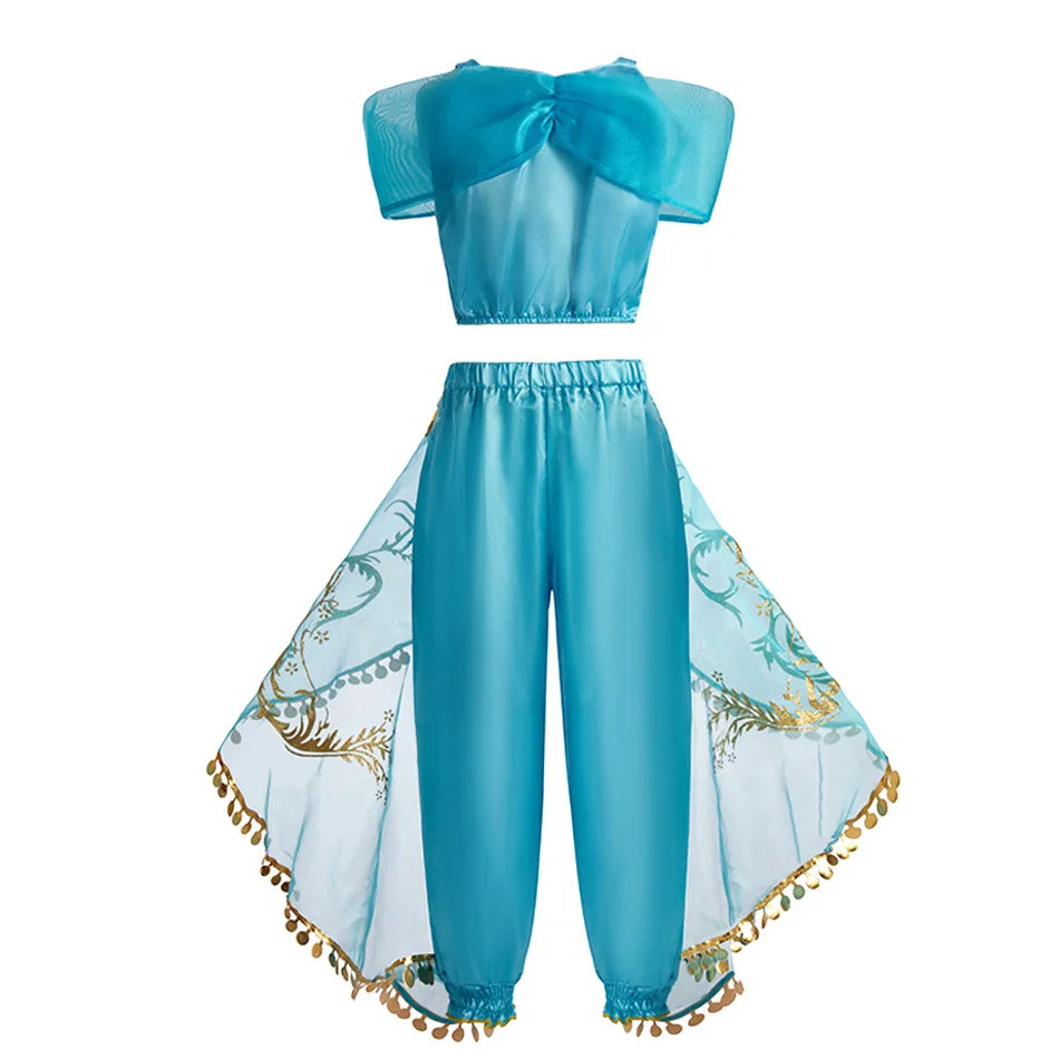 Kids Arabian Princess Dress Girls Halloween Jasmine Costume Children Carnival Cosplay Party Disguise Girl Sequins Pageant Outfit