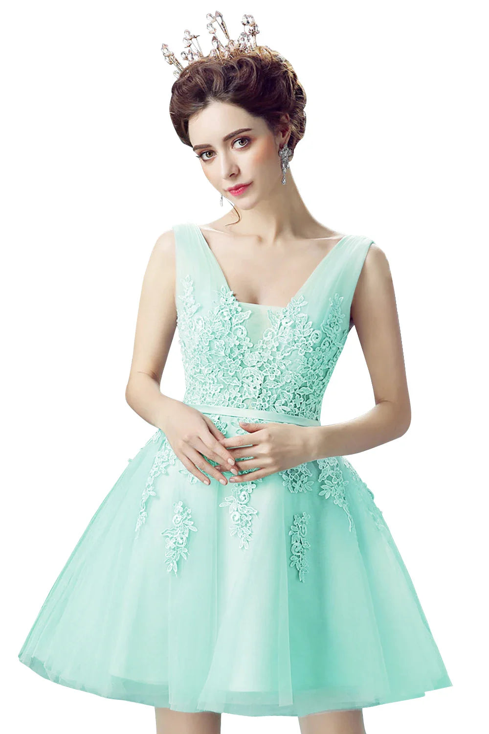 Mint Green Embroidery Lace-up Prom Dress V Neck Bridesmaid Dress Appliques Wedding Dress  Cocktail Dress vestidos para mujer