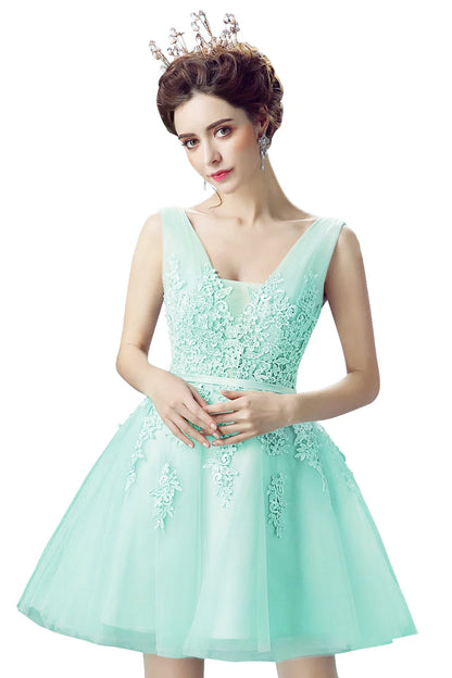 Mint Green Embroidery Lace-up Prom Dress V Neck Bridesmaid Dress Appliques Wedding Dress  Cocktail Dress vestidos para mujer