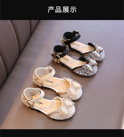 2025 New Summer Style Fashionable Comfortable Casual and Elegant Flat Bow Toe-toe Beaded Wear-resistant Girls' Leather Shoes