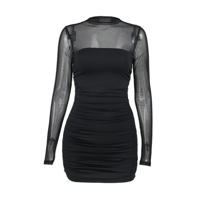 See Through Black Bodycon Dress For Women Clothing Slim Sexy Streetwear Long Sleeve Vestidos De Mujer Patchwork Fashion Outfits