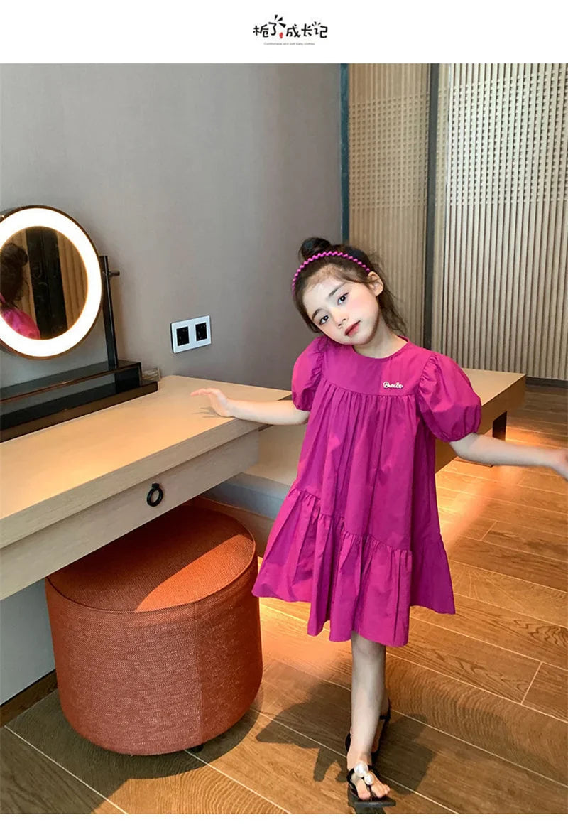 New Girls Princess Dress 2026 Summer Children Loose Sweet Rose Red Dress Kids Short Sleeve Patchwork Dress 2-8 Years