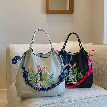 New Japanese-Style Embroidered Shopping Bag Rabbit Flower Women's Shoulder Bag Large Capacity Tote Bag Lightweight Foldable Storage Suitable for Commuting Travel Leisure Holiday Party Ethnic Style