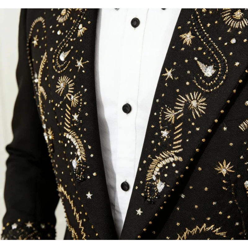 2 Piece Suit for Men Luxury Mens Suit For Wedding Host Banquet Handmade Beaded Western Suit French Elegant Black Blazer