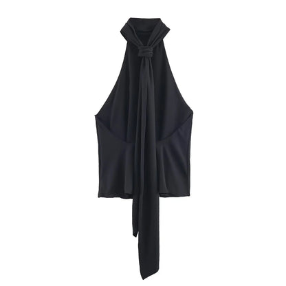 Women's Summer New Polka Dot Hanging Neck High Neck Top With Lace Up Design Lady Sleeveless Backless Sexy High Street Vest Top