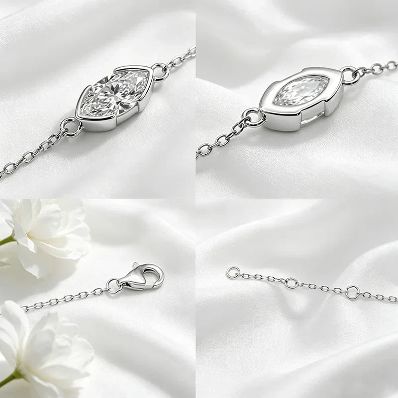 1CT D Color Marquise Cut Moissanite Bracelets for Women Adjustable Chain Birthday Gift 100% Real Pure 925 Silver Jewelry