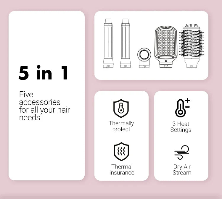 Hair dryer brush detachable 5-in-1 styling and drying system, fast drying, curl smoothing and styling, automatic curling iron