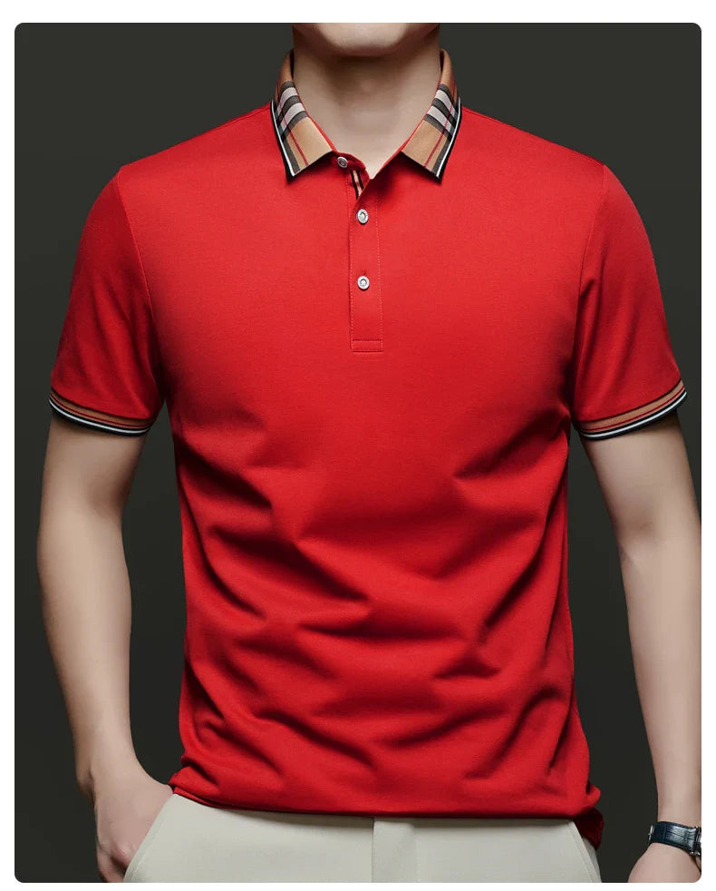 Fashion brand luxury short sleeve polo shirt men summer quality silky cotton breathable business casual striped collar T-shirt
