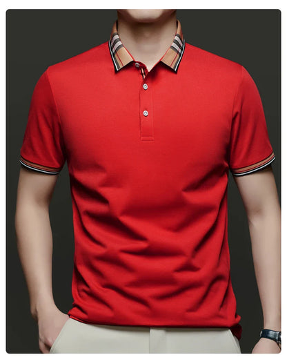 Fashion brand luxury short sleeve polo shirt men summer quality silky cotton breathable business casual striped collar T-shirt