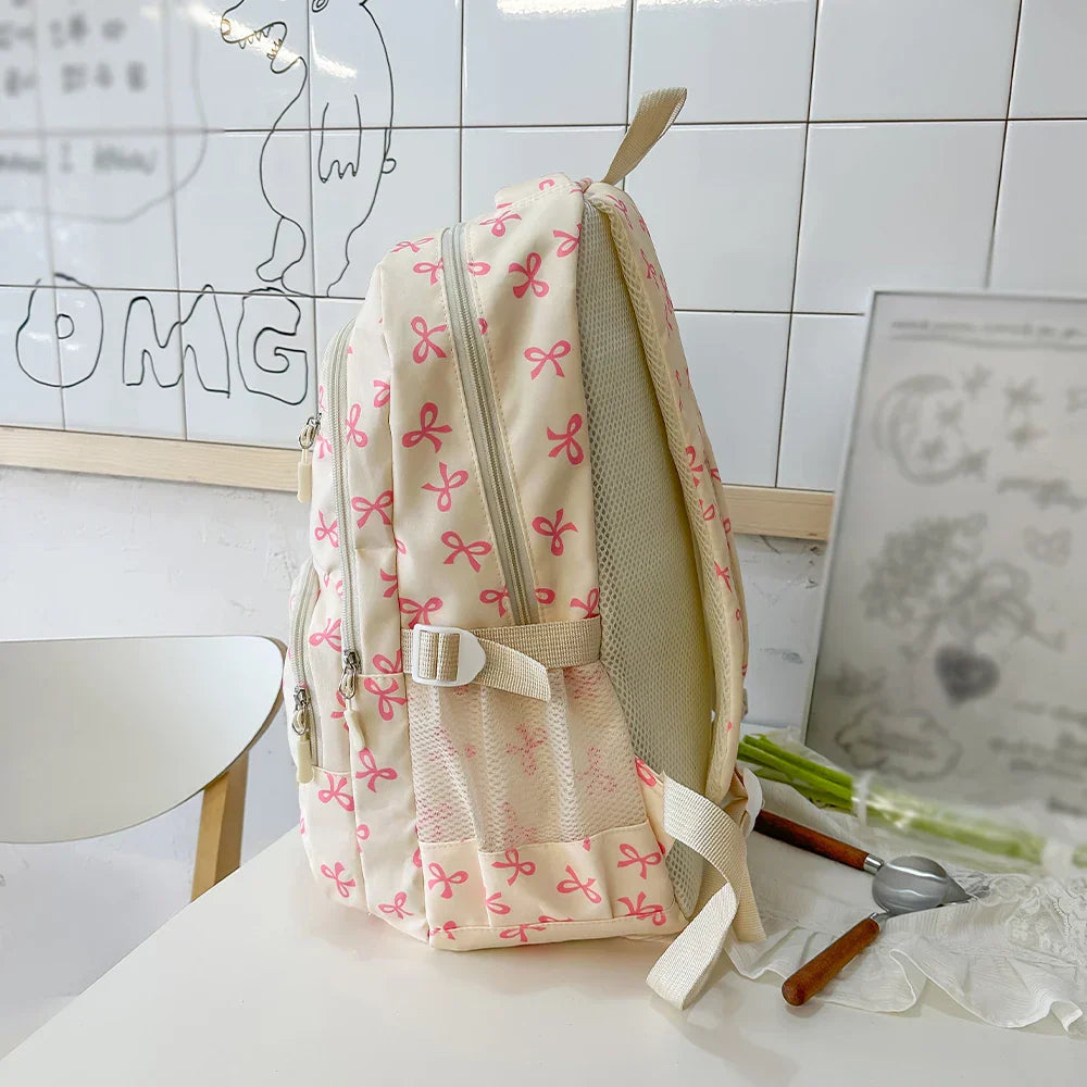 Korean Fashion Bow Print Women's Fashion Backpack Lightweight Simple Student Schoolbag Female Bag Set Three-Piece