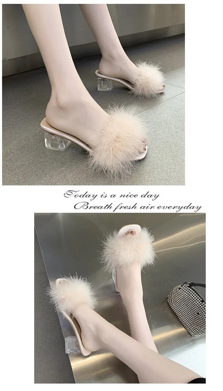 2023 Fluffy Peep Toe Sexy High Heels Women Shoes Fur Feather Lady Fashion Wedding Slip-On Pink Square Toe Women Sandals