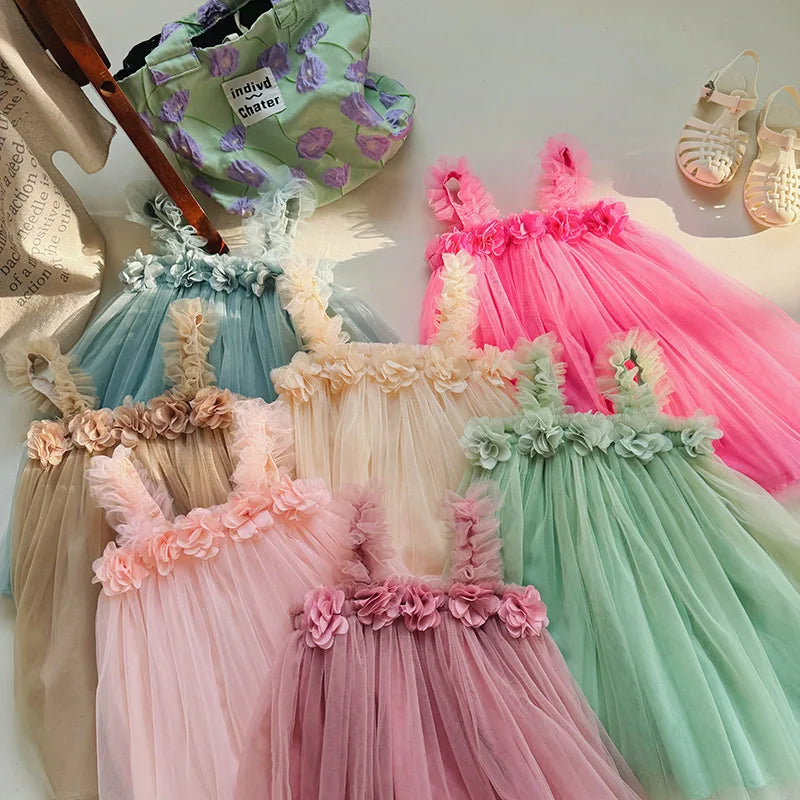 1-6 Y Girls Dresses  3D Flower A Line Dress for Girls Sleeveless Camisole Mesh Dress