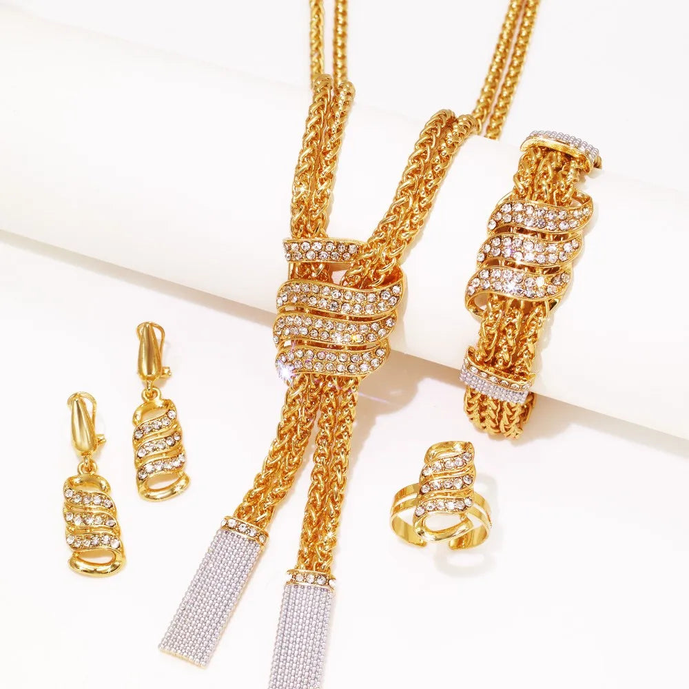 Design Women Jewelry Set 18K Gold Color Charm Necklace Chain Braclete Chic Earring Ring Indian Nigeria Jewellery Gift