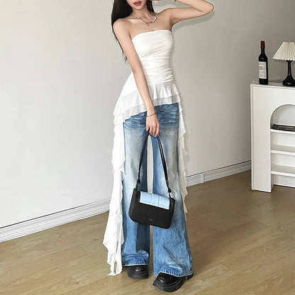 2025 Spring New Solid Color Sweet Gentle Cute All-match High Street Travel Sexy Cool Women Chest Wrap Ruched Tassel Vest