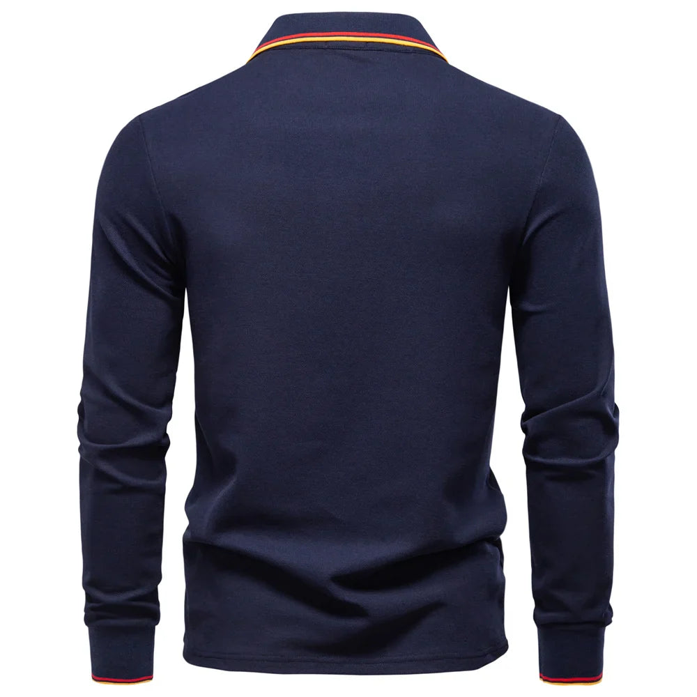 Men's Henley Neck Polo Shirt Cotton Solid Color Long Sleeve Autumn Winter Premium Luxury Mens Top