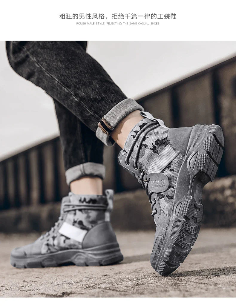 Men's canvas boots autumn winter new plus velvet high-top warm casual boots outdoor boots camouflage tooling boots desert boots