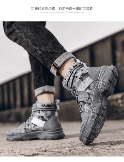 Men's canvas boots autumn winter new plus velvet high-top warm casual boots outdoor boots camouflage tooling boots desert boots