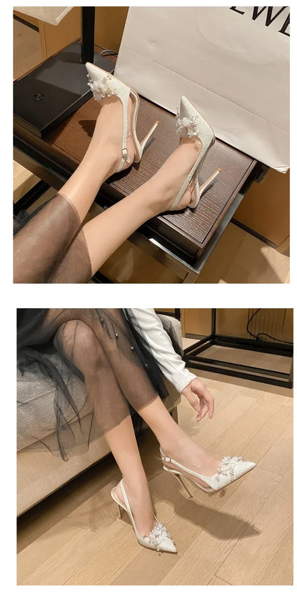 French Flower Wedding Shoes Women's Thin Heel Pointed Head High Heel Fashion Bag Head Summer Women's Sandals