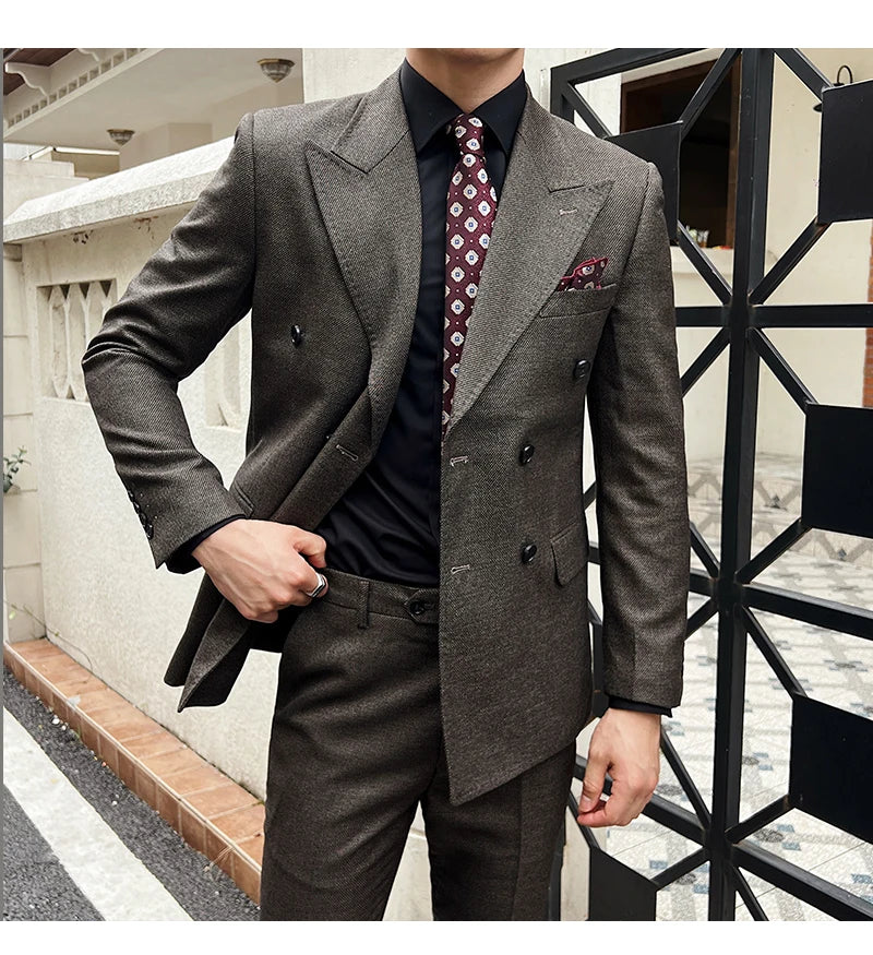 Men Vintage Luxury Double Breasted Slim Fit Lapel Evening Gown ltalian Style Fashion High-end Groom Wedding Party Tuxedo 2 Piece