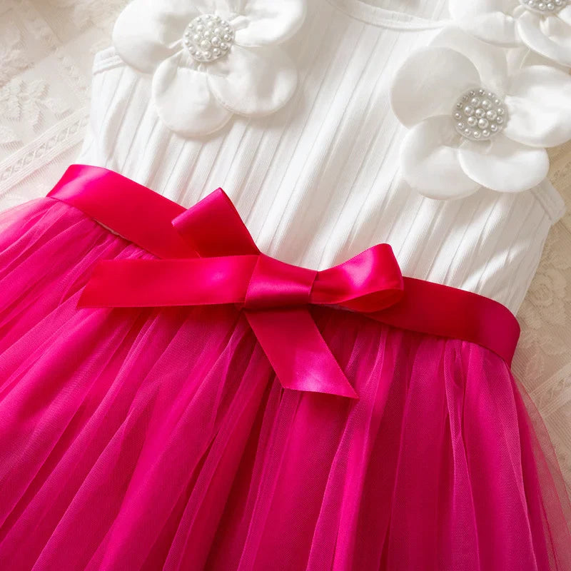 Vestido de Aniversário Infantil Menina Sem Mangas Elegante Flor 3D Tule Princesa Vestido de Verão 3-7 Anos Malha Doce Roupa Presente de Aniversário