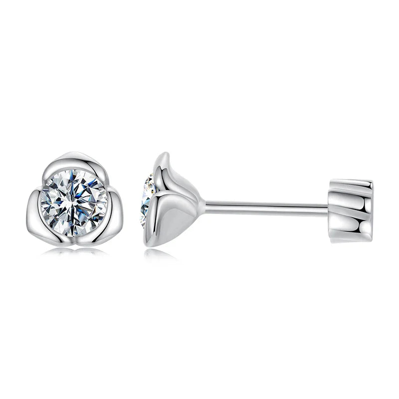 White Gold Plated Moissanite Rose Earrings for Women, 925 Sterling Silver Small Flower Studs Huggies Christmas Gift