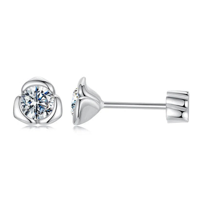 White Gold Plated Moissanite Rose Earrings for Women, 925 Sterling Silver Small Flower Studs Huggies Christmas Gift
