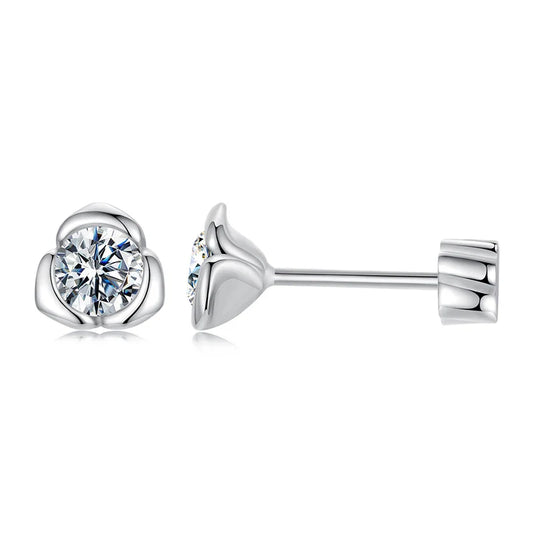 White Gold Plated Moissanite Rose Earrings for Women, 925 Sterling Silver Small Flower Studs Huggies Christmas Gift