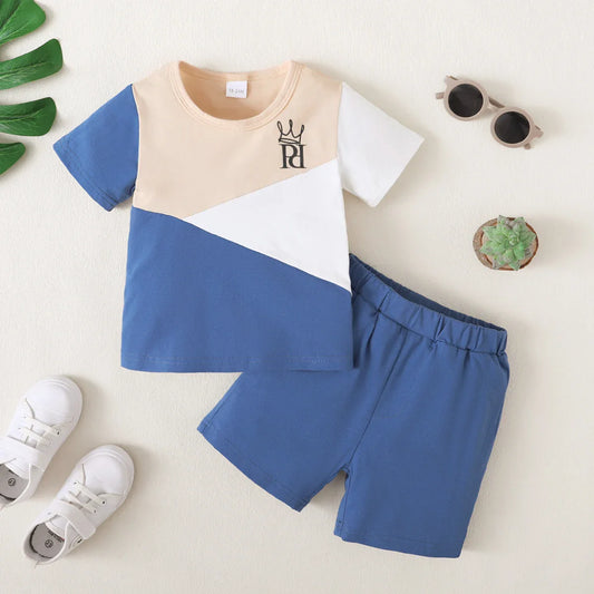 2PCS Handsome Child Boy Clothes Set Color Block Short Sleeve T-shirt+Shorts Fashion Summer Leisure Time Outfit Kid Boy 1-6 Years