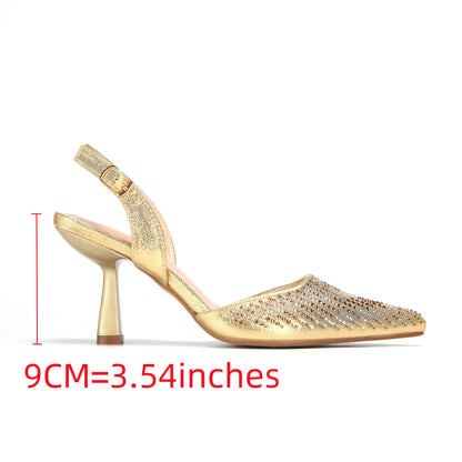 Orange Color Pointed Toe Crystal Design Thin Heel Ladies Shoes Matching Bag Set For Nigerian Women Party