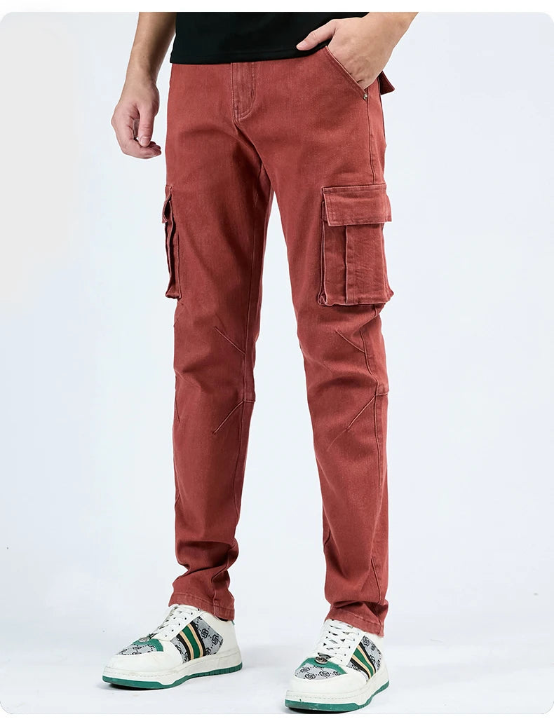Men's Jeans Street Style Waist Denim Cargo Pants Solid Color Washed Slim Fit Casual Jeans with Multiple Pockets for Daily Wear