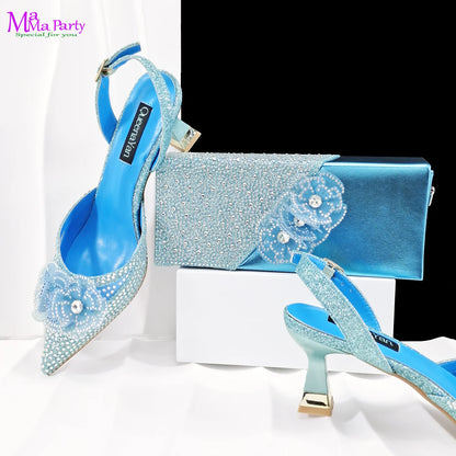 Coffee Color Mature Style New Arrivals High Quality Italian Women Shoes and Bag Set Party Shoes for Wedding with Crystal