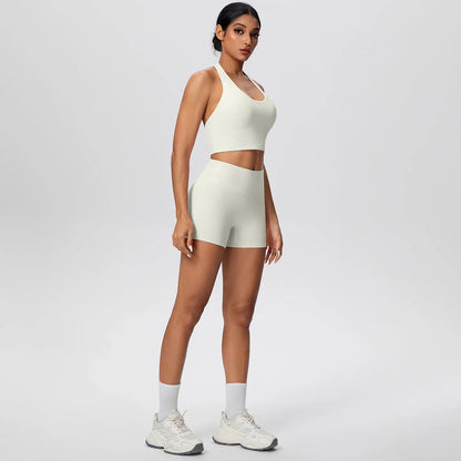 2picese Women Yoga Suit Solid Color High Waist Hip Push Up Fitness Shorts Sexy Pilates Backless Gym Hanging Neck Bra Yoga Set