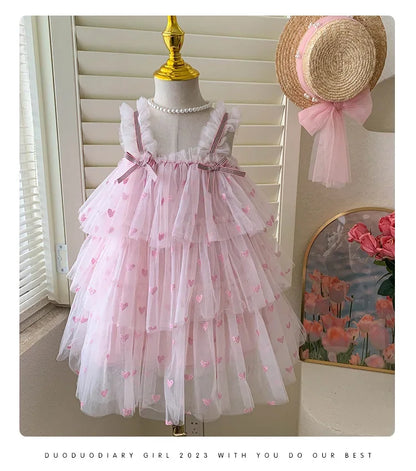 New Summer Baby Girls Party Dress Sleeveless Spaghetti Strap Love Heart Layered Princess Dresses for 3-7Year Old Kids E2310