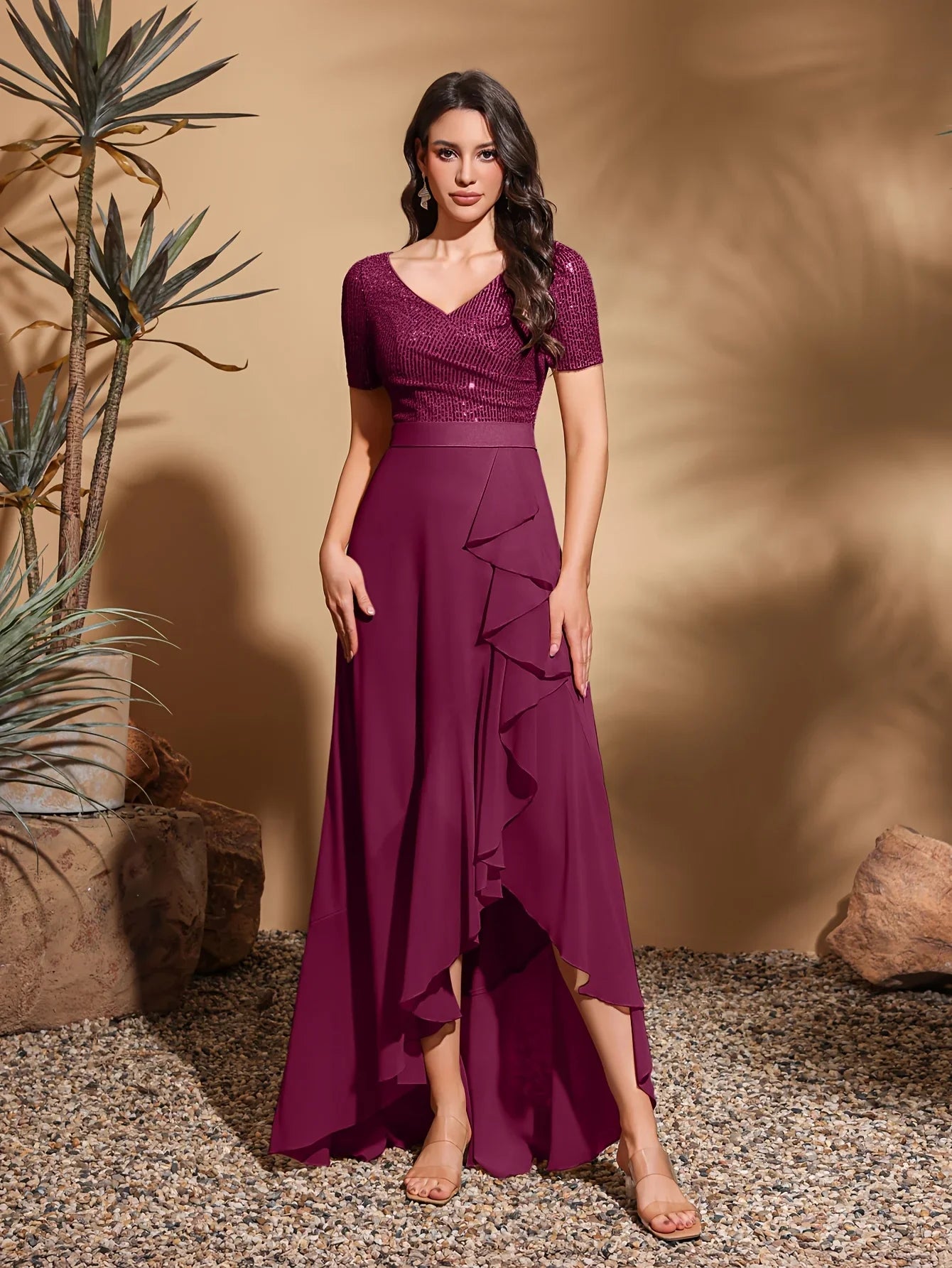 V-neck short-sleeved sequined chiffon pleated asymmetrical hem dress